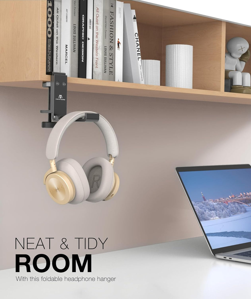 New Foldable Headphone Stand Hanger Holder Aluminum Headset Soundbar Stand Clamp Hook Under Desk Space Save Mount, Universal Fit Gaming Headphones, Black
