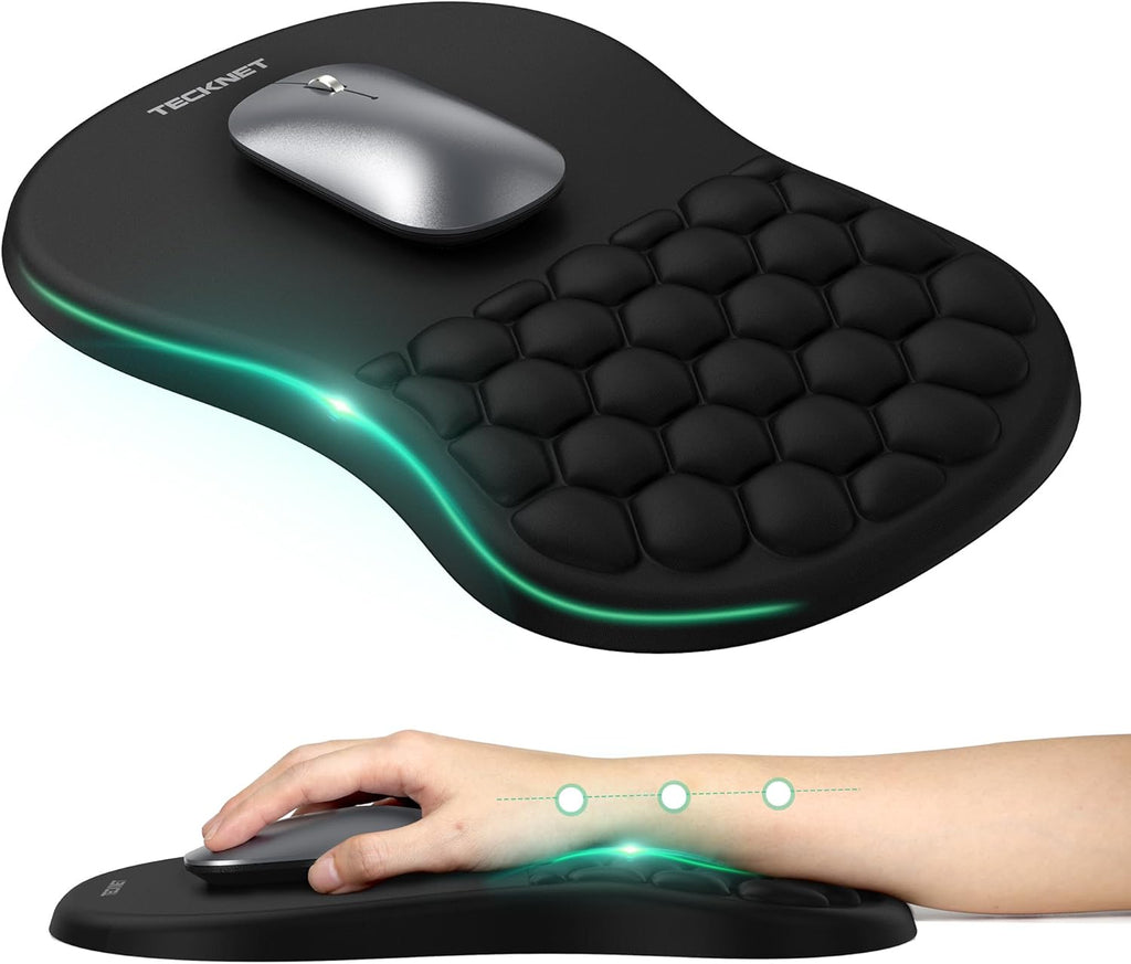 TECKNET Ergonomic Mouse Pad with Wrist Rest, Soft Mousepad with Massage Design, Memory Foam and Non-Slip PU Base for Pain Relief, Gaming Mouse Pad for Desk, Home, Office, 12x8 Inches, Black