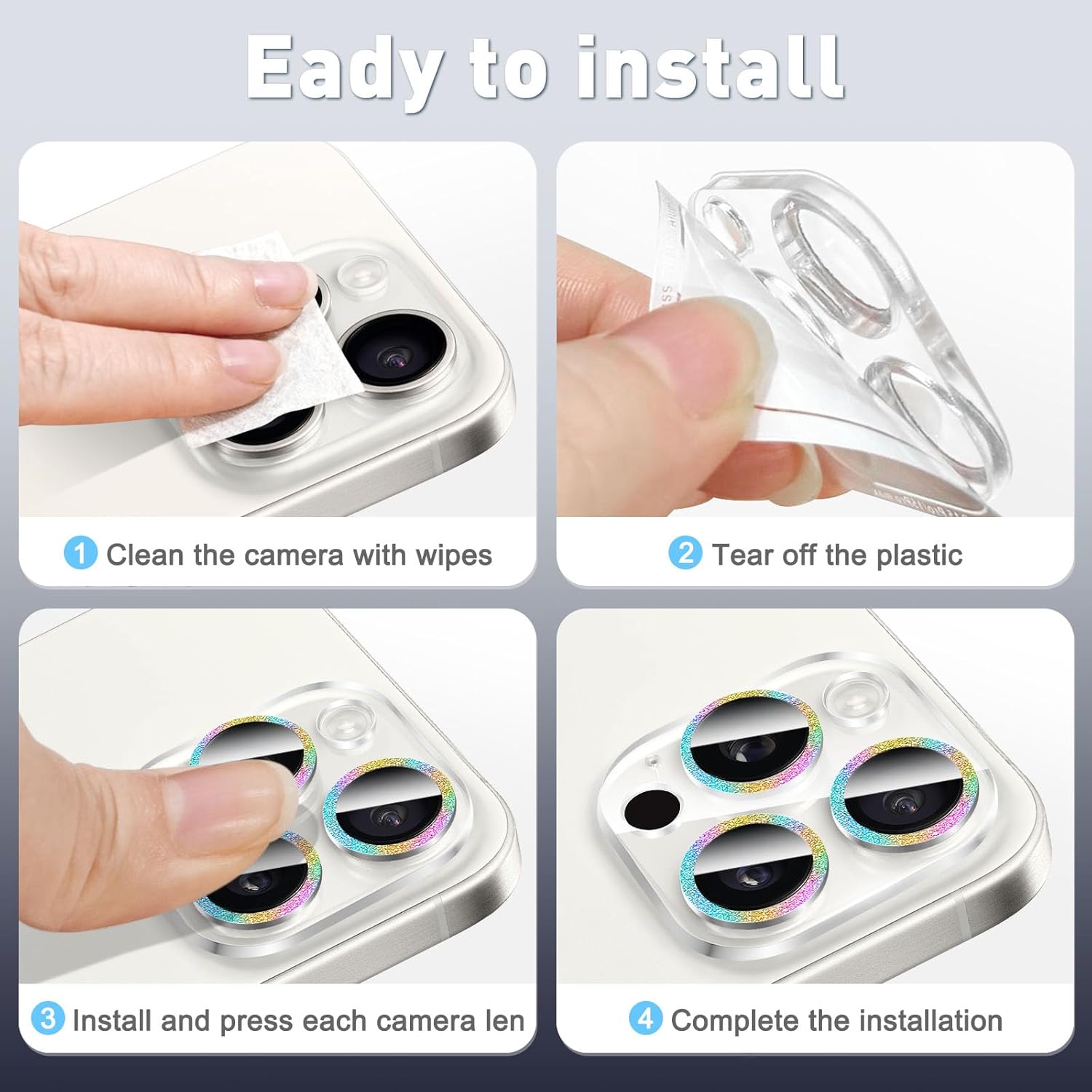 LucBuy 3PCS Sparkling Camera Lens Protector for iPhone 16/iPhone 16 Plus, Full Clear Acrylic Cover with Shiny Colorful Glitter Designed Decoration Back Camera Protector
