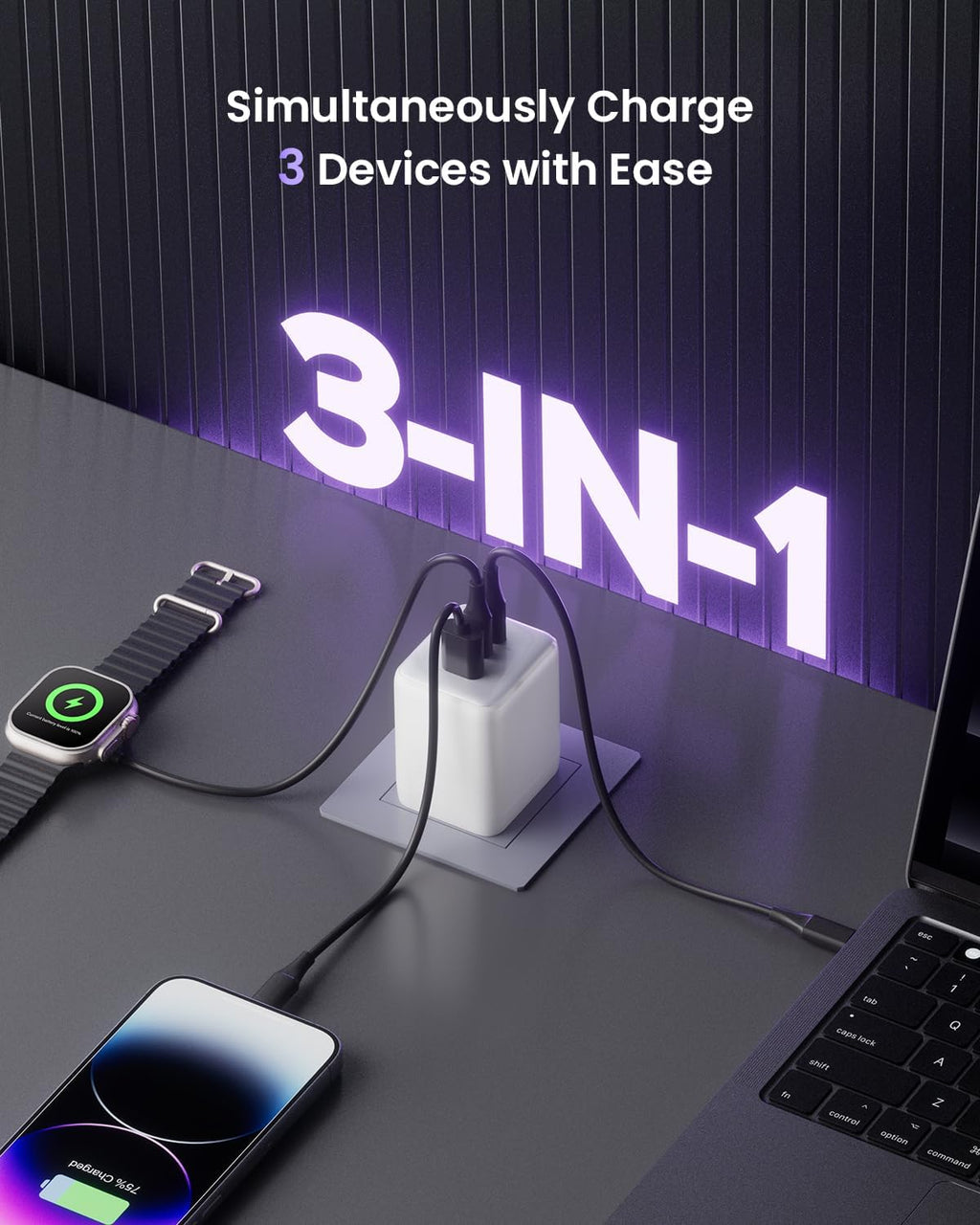 100W USB C Charger Block, 3-Port Compact Foldable Power Adapter USB Wall Charger for MacBook Pro/Air, Dell XPS, iPad Pro, iPhone Series, Galaxy S25/S24, and More