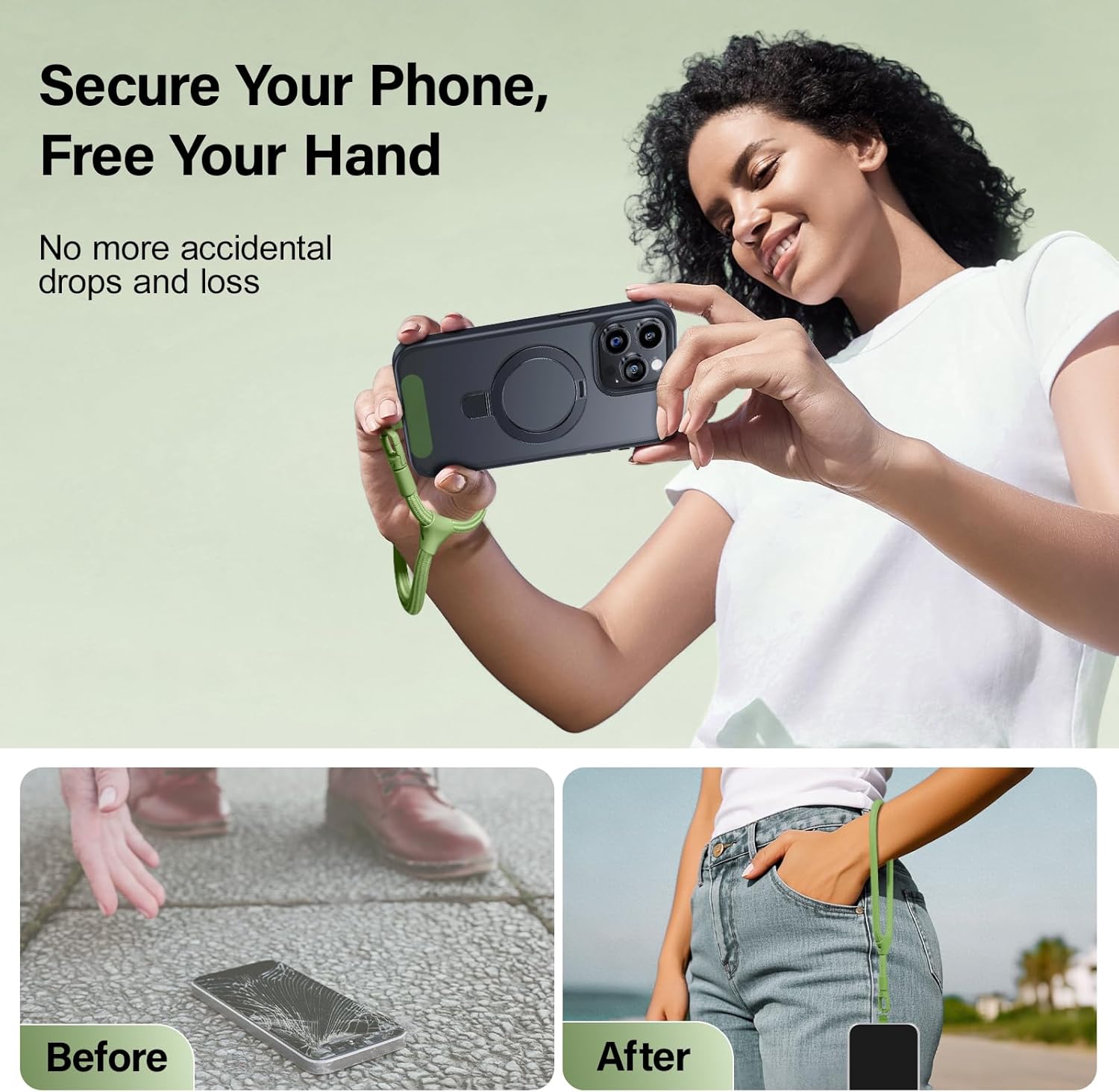 Phone Wrist Strap, Universal Adjustable Hand Wrist Strap Lanyard for iPhone 16 and Most Smartphones, Multifunctional Patch Lanyard with Phone Tether Tab for Women and Men, Matcha Green