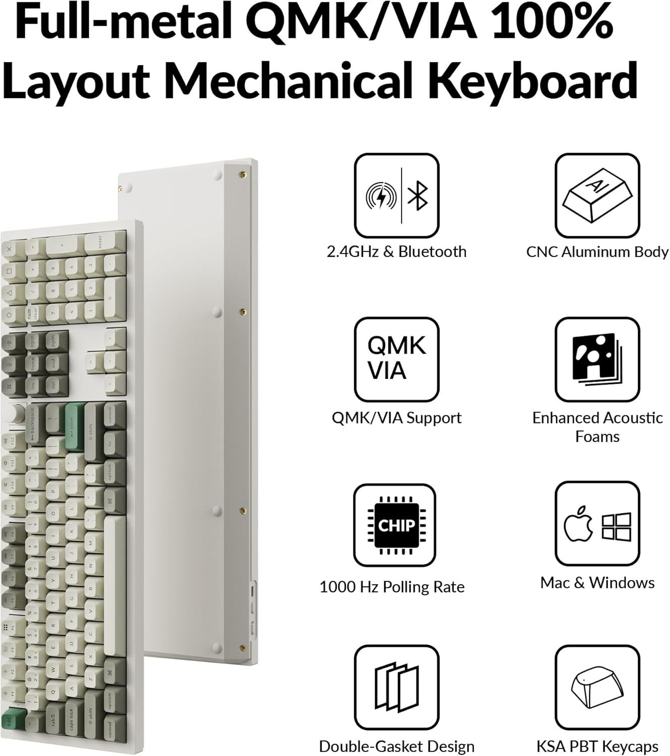Keychron Q6 Max QMK/VIA Bluetooth Wireless /2.4 GHz/USB-C Wired Custom Mechanical Keyboard, Full Size Programmable Knob RGB Backlit Hot-Swappable Gateron Red Switch for Mac Windows Linux - White