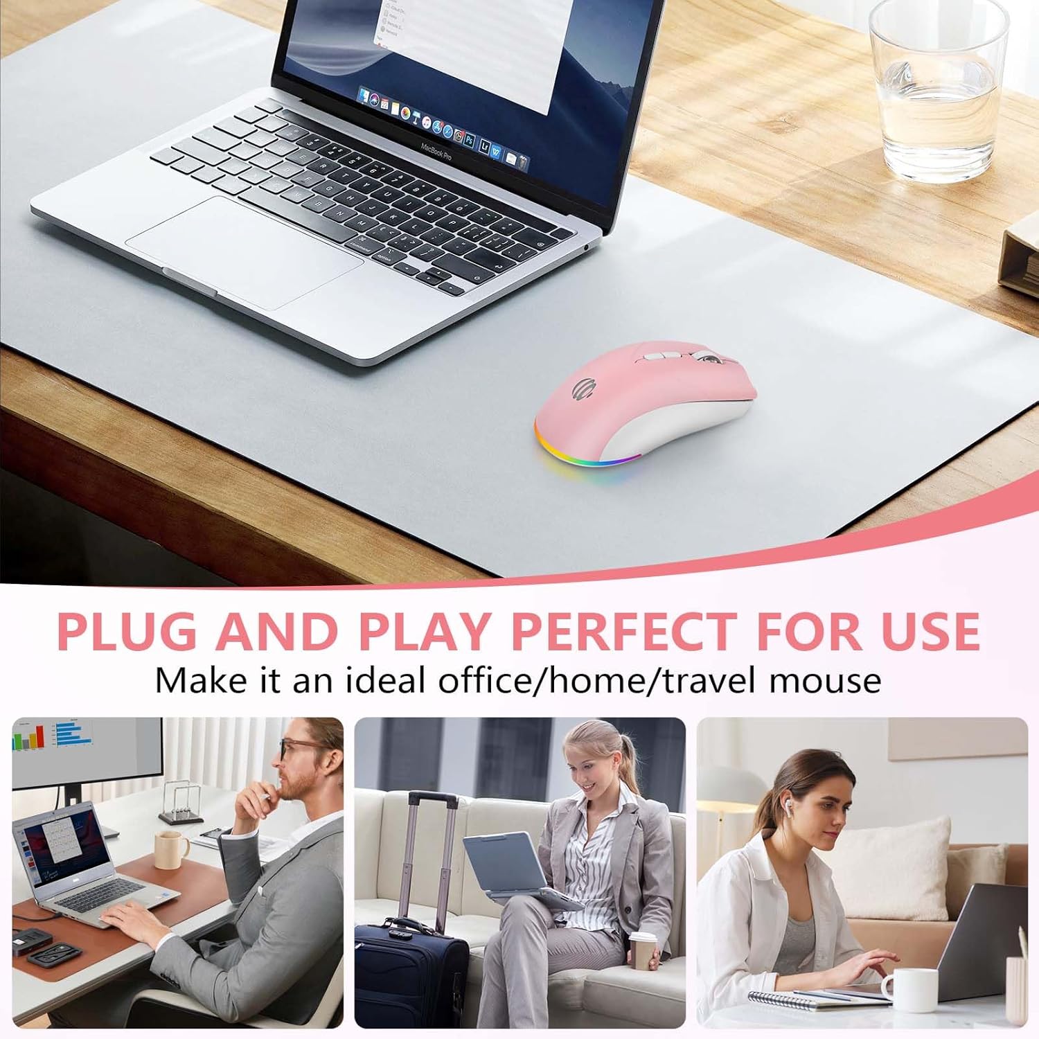Wireless Bluetooth Mouse, 2.4G and Bluetooth 5.2 Ergonomic Rechargeable USB Optical Mouse, 3 Adjustment DPI， 1600 DPI Dual Mode Silent Wireless Mouse for Mac，Laptop, PC, Windows. (Pink)