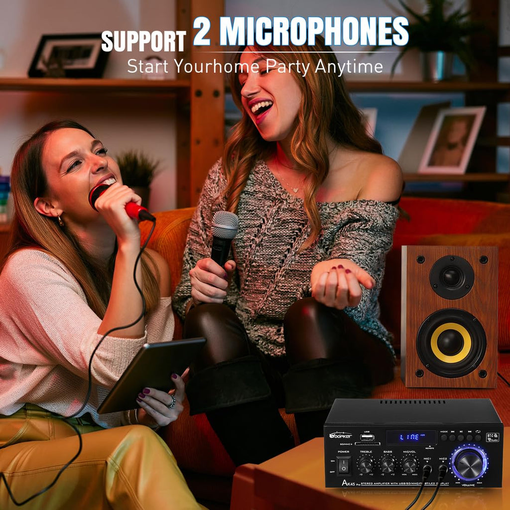 AK45 Pro Stereo Amplifier Home Audio, Stereo Receivers with Bluetooth 5.0,Max 400W, 2.0 Channel Audio Receiver for Home Theater Speakers w/USB/SD/RCA/2 MIC in for Karaok