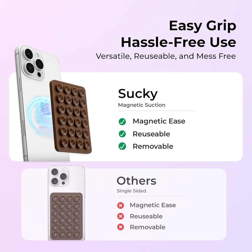 Sucky Upgraded Magnetic Suction Cell Phone Grip for MagSafe Case, Silicone Octo Cup Buddy Holder, Durable Magnet Phone Accessory for iPhone and Android (Clear)