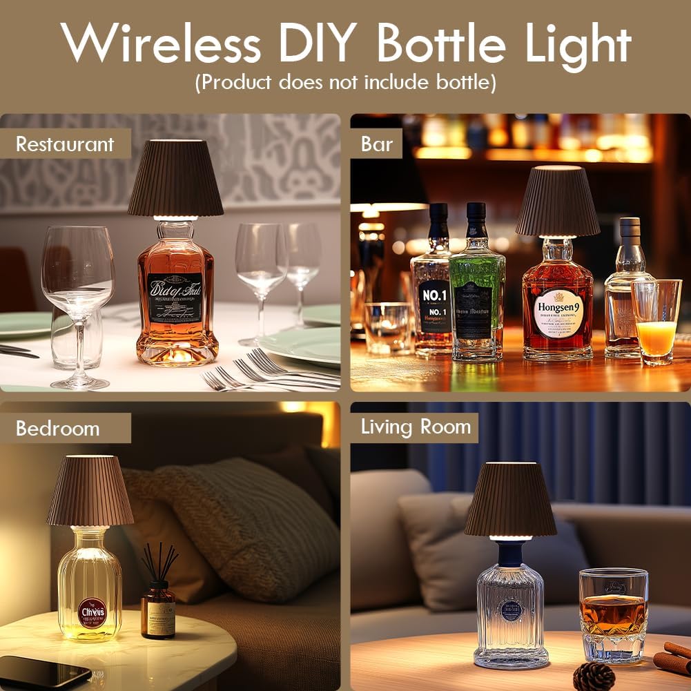 WILIT 2 Pack Wine Wirelss Bottle Lamp, 3-Level Brightness Cordless Table Lamp Shades, Rechargeable Battery Operated for Bedroom, Living Room, Kitchen Counter, Women Gifts for Her