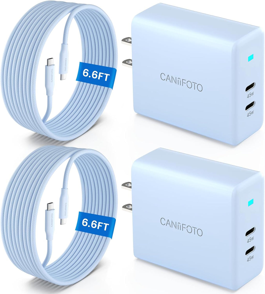 2Port 45W Super Fast Charger Type C, 2Pack 45W USB-C Charger Fast Charging for Samsung Galaxy S24 Ultra/S24+/S24/S23 Ultra/S23+/S22/S20/Note10+ with 2X 6.6ft Type C Cord (Blue)
