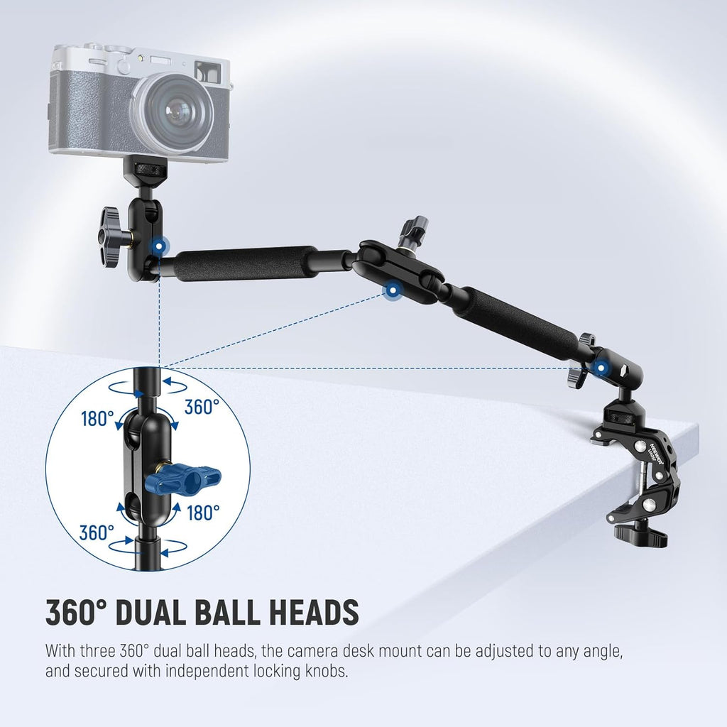 NEEWER 22" Magic Arm w Desk C Clamp, Overhead Camera Mount with Articulating Mic Boom Arm 1/4" 3/8" Threads for ARRI, Desktop Stand Holder for Phone Microphone Webcam Action Camera Video Light, UA057