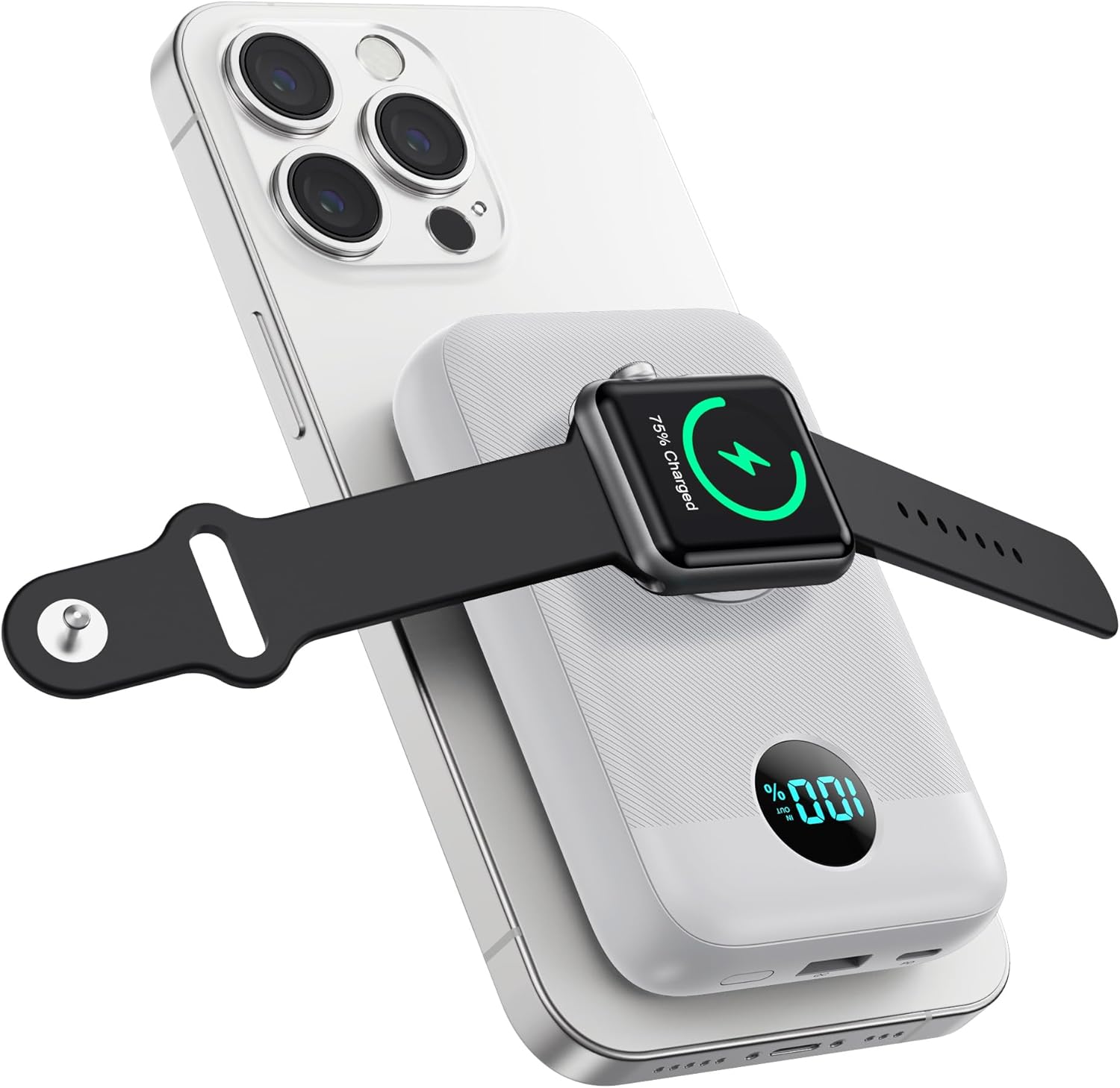 Magnetic Portable Charger 10800mAh,4-in-1 Wireless Power Bank with iWatch Charger, QC4.0+20W PD Fast Charging USB C Battery Pack with LCD Display for Magsafe,iPhone 16/15/14/13/12,Apple Watch (White)