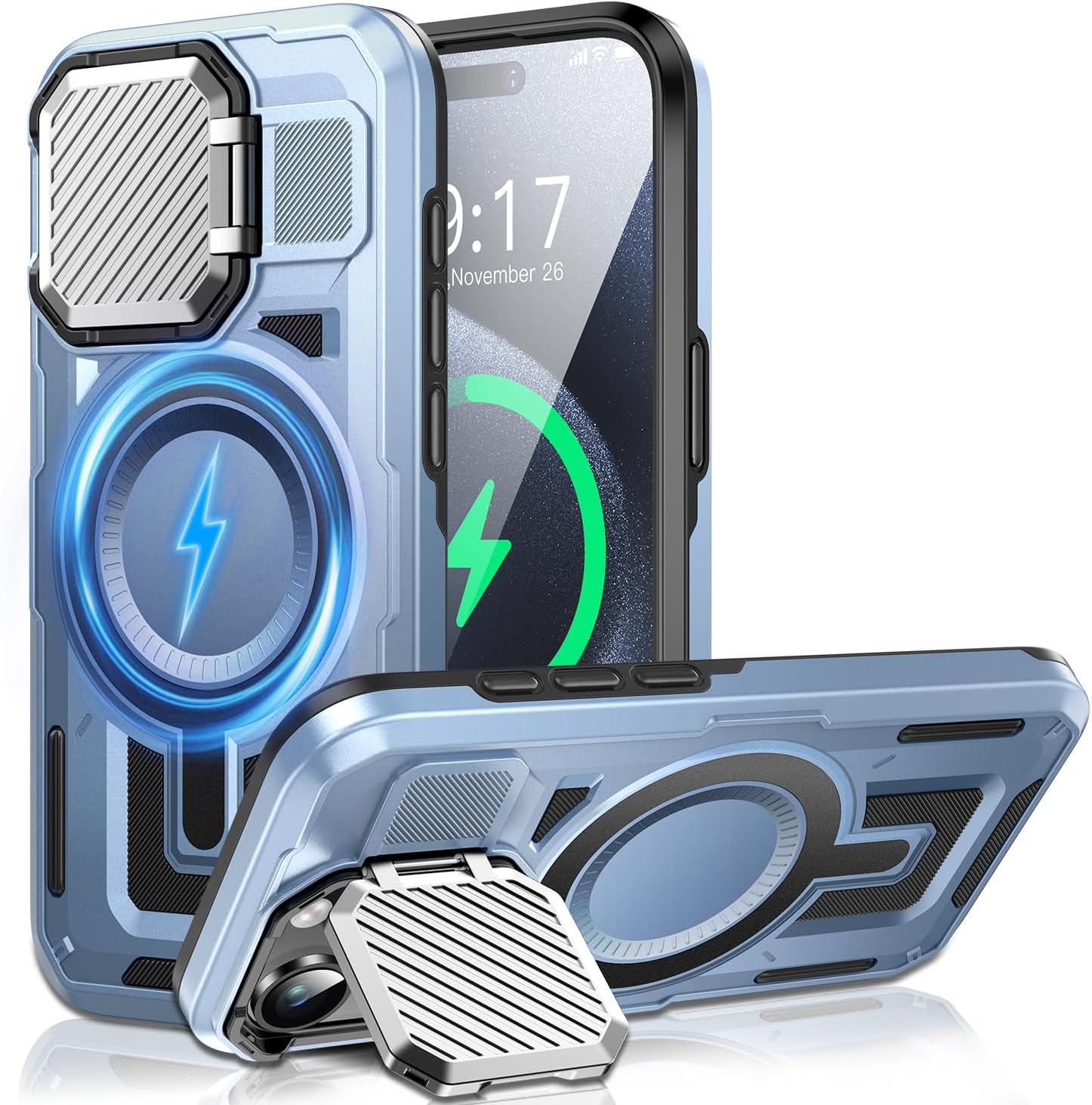 Camera Stand Case for iPhone 15 Pro Max, [Compatible with MagSafe] [Lens Cover] 2024 Version Military Grade Protective Soft Case for iPhone 15 Pro Max 6.7 inch Men Women, Blue