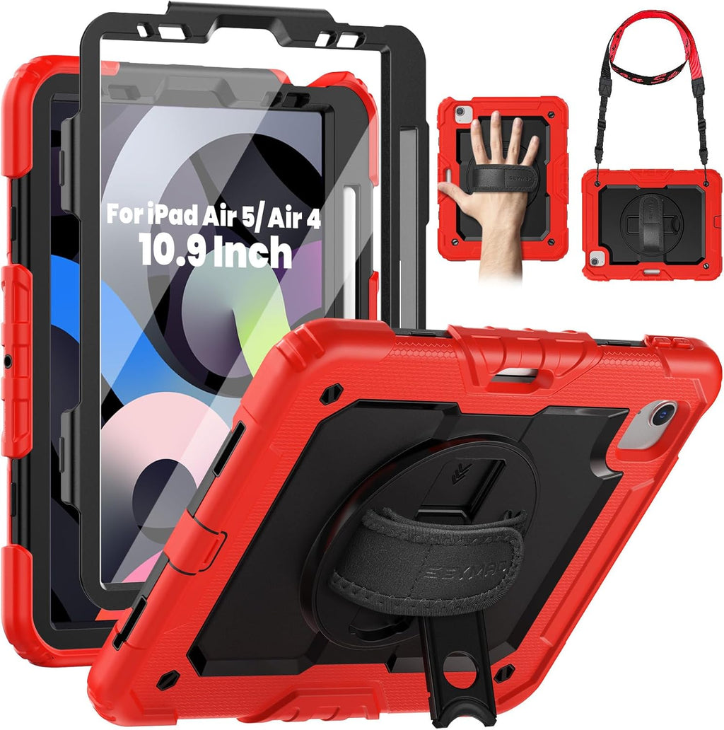 SEYMAC for iPad Air 5th/4th Generation Case 10.9 Inch, Full-Body Heavy Duty Protective Case with Rotating Stand, Screen Protector and Hand/Shoulder Strap for Air 5/ Air 4, Red