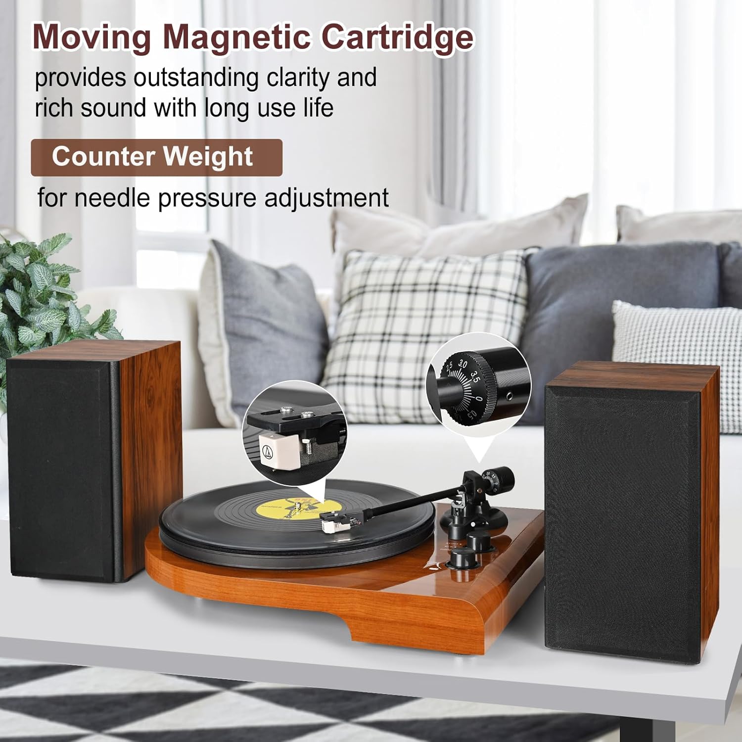 Vinyl Record Player with Bluetooth Input Output,Turntable with Built-in Preamp,USB Recording,Speed Adjustment,Counterweight and Moving Magnet Stylus,Upgraded Single-Platter Design (No Sub-Platter)