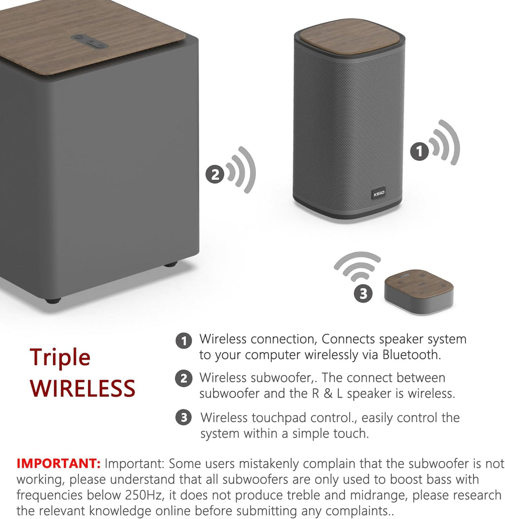 KEiiD 2.1 Bluetooth Computer Speakers with Wireless Subwoofer and Wireless Touchpad for Desktop Laptop Pc Stereo Gaming Speakers, 4 EQ Modes, Aesthetic Style with Great Sound Quality