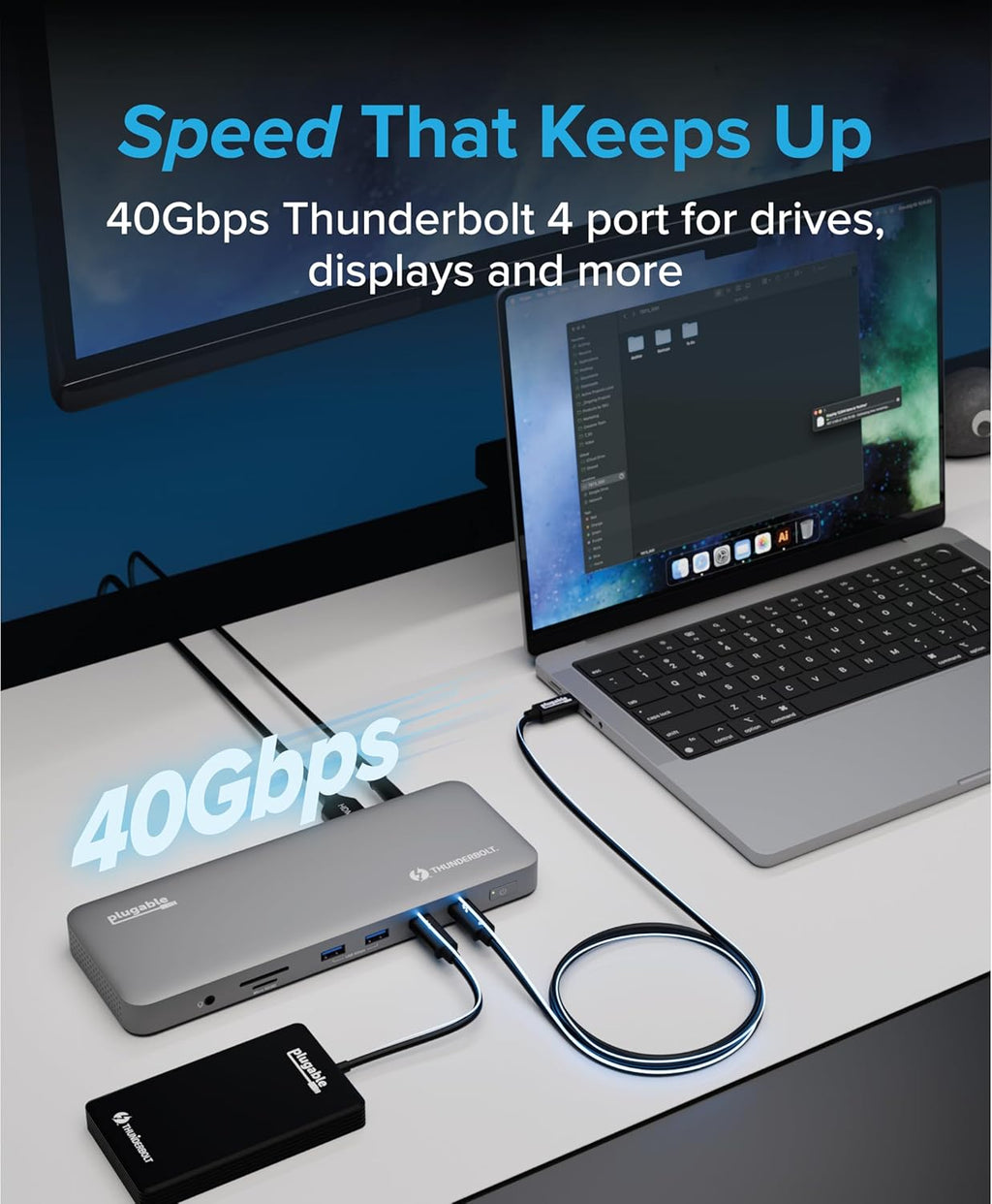 Plugable Thunderbolt 4 Dock for M4 MacBook Air & Pro: 100W Charging Driverless Laptop Docking Station with 4K HDMI Dual Monitor or Single 6K, 6X USB, SD, Ethernet, Thunderbolt Certified (TBT-UDM)