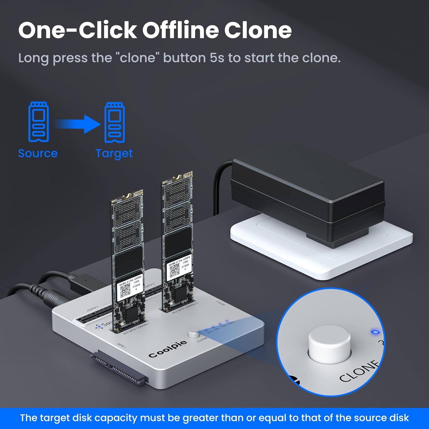 CR311 3-in-1 SSD Cloner, USB3.2 Gen2*2 M.2 Reader, Supports M.2 NVMe/SATA, SATA 2.5''/3.5'' HDD