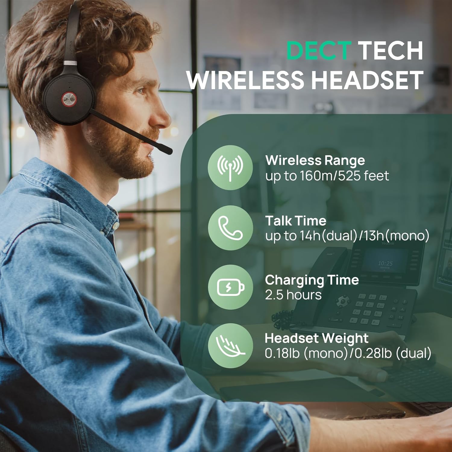 Yealink WH62 DECT Mono Teams Wireless Headset, 525 ft Range Work Headphone with 2X Noise Canceling Mic for IP Phone and Computer, Single Ear Headset with Call Control, Ringer,13H Talk Time