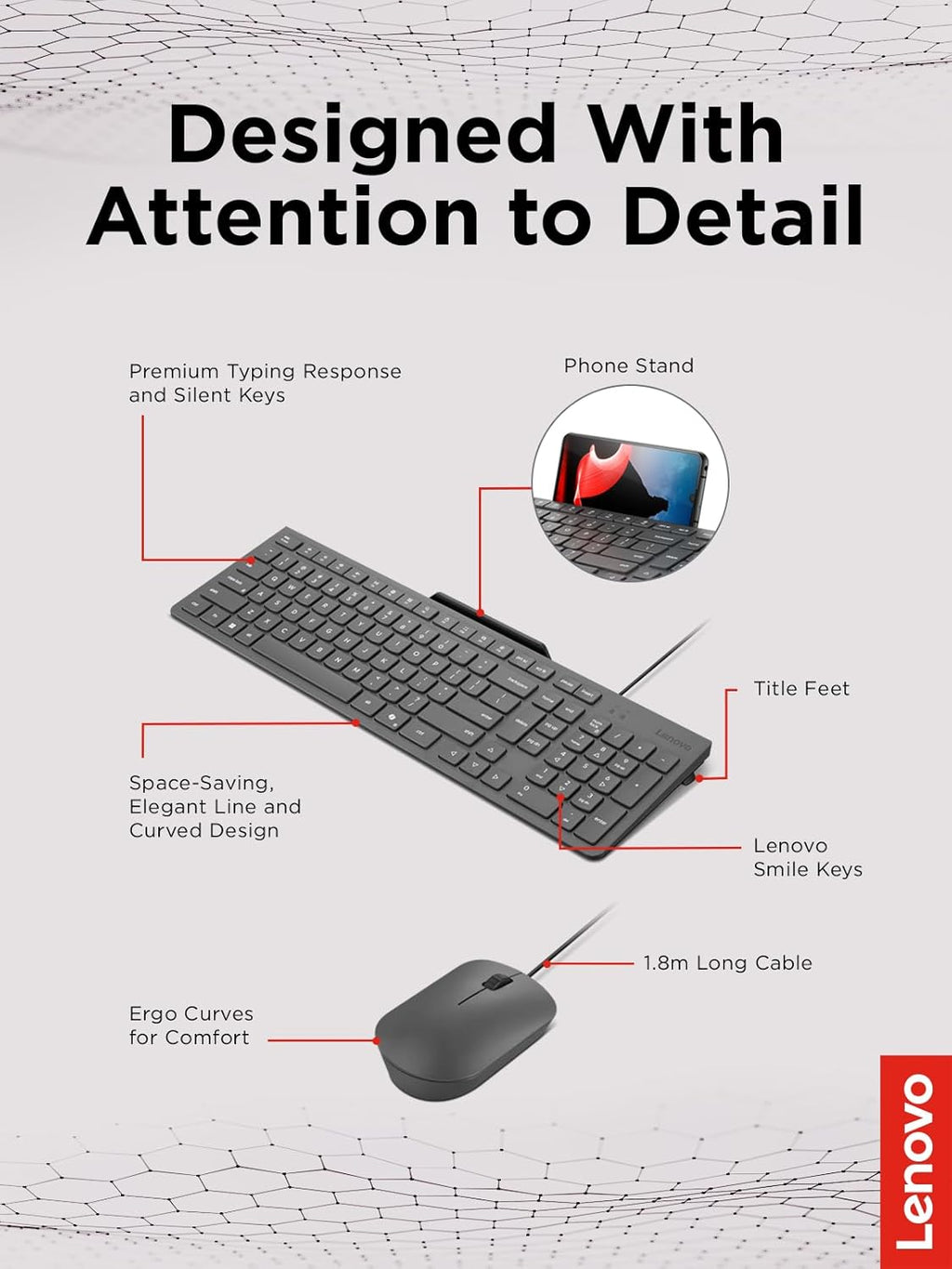 Lenovo 310 USB-A Wired Keyboard Mouse Combo, Quiet Keys, Ultra-Slim Gaming Design, Spill-Resistant, Integrated Phone Stand, Compatible w Laptop, PC, Tablet – Ergonomic Mouse Mechanical Keyboard USB
