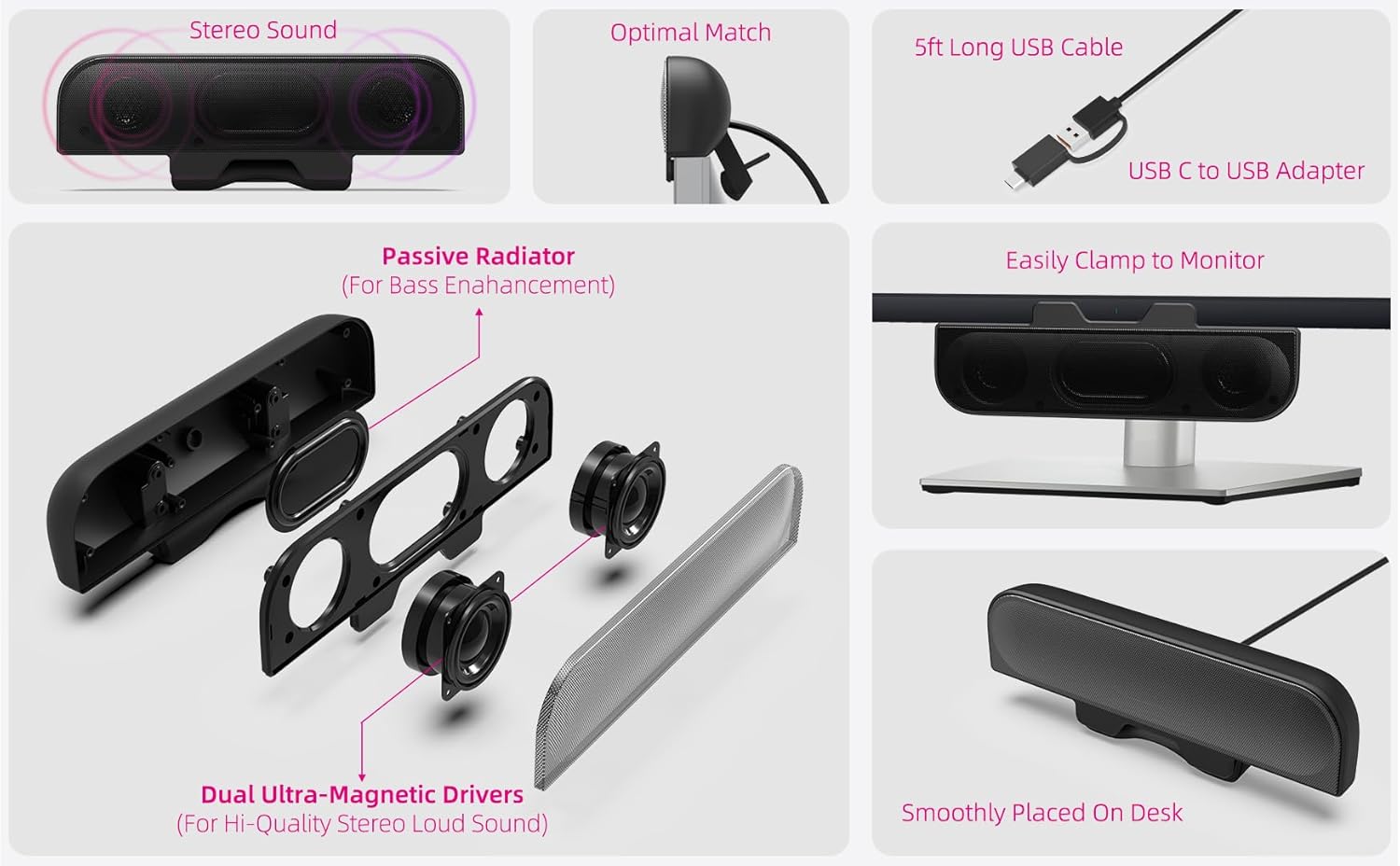 Computer Speakers for Desktop PC, Monitor Speakers, USB Plug-in, Wired, External Speaker for Laptop, Small Computer Soundbar for PC, with Loud Sound, Deep Bass, USB-C Adapter, Easily Clamp to Monitor