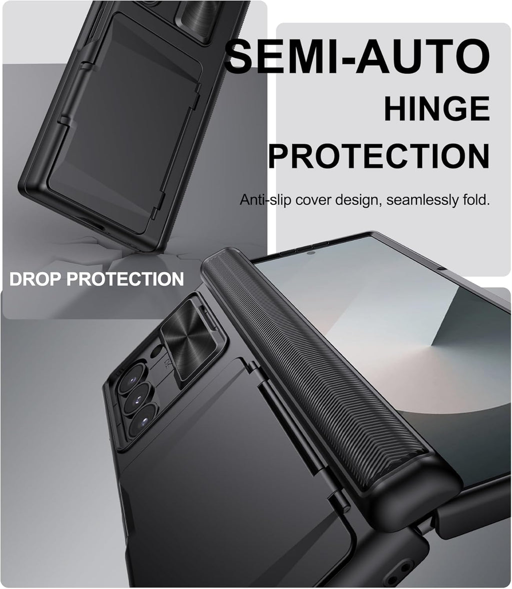 for Samsung Galaxy Z Fold 6 Case with Card Holder & Slide Camera Cover, Built-in Screen Protector & Hinge Protection, Shockproof Durable Wallet Phone Cover Case for Galaxy Z Fold 6 2024, Black