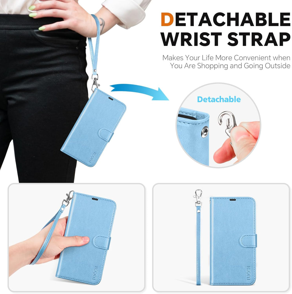 TUCCH Case Wallet for Galaxy S25 Edge, Removable [Wireless Charging] Wrist Strap PU Leather Magnetic Stand RFID Blocking 4 Card Slot Detachable Protective Folio for Galaxy S25 Edge, Pearly Light Blue