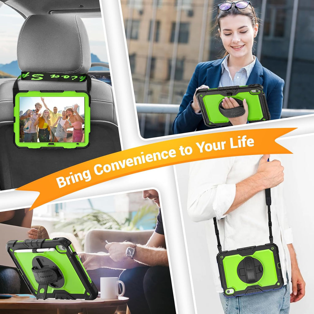 SEYMAC Case for iPad (A16) 11th/10th Generation 2025/2022 (11″/10.9″), Sturdy Heavy Duty Full-Body Shockproof Protective Case with Screen Protector, Rotating Stand, Hand/Shoulder Strap, Black/Green