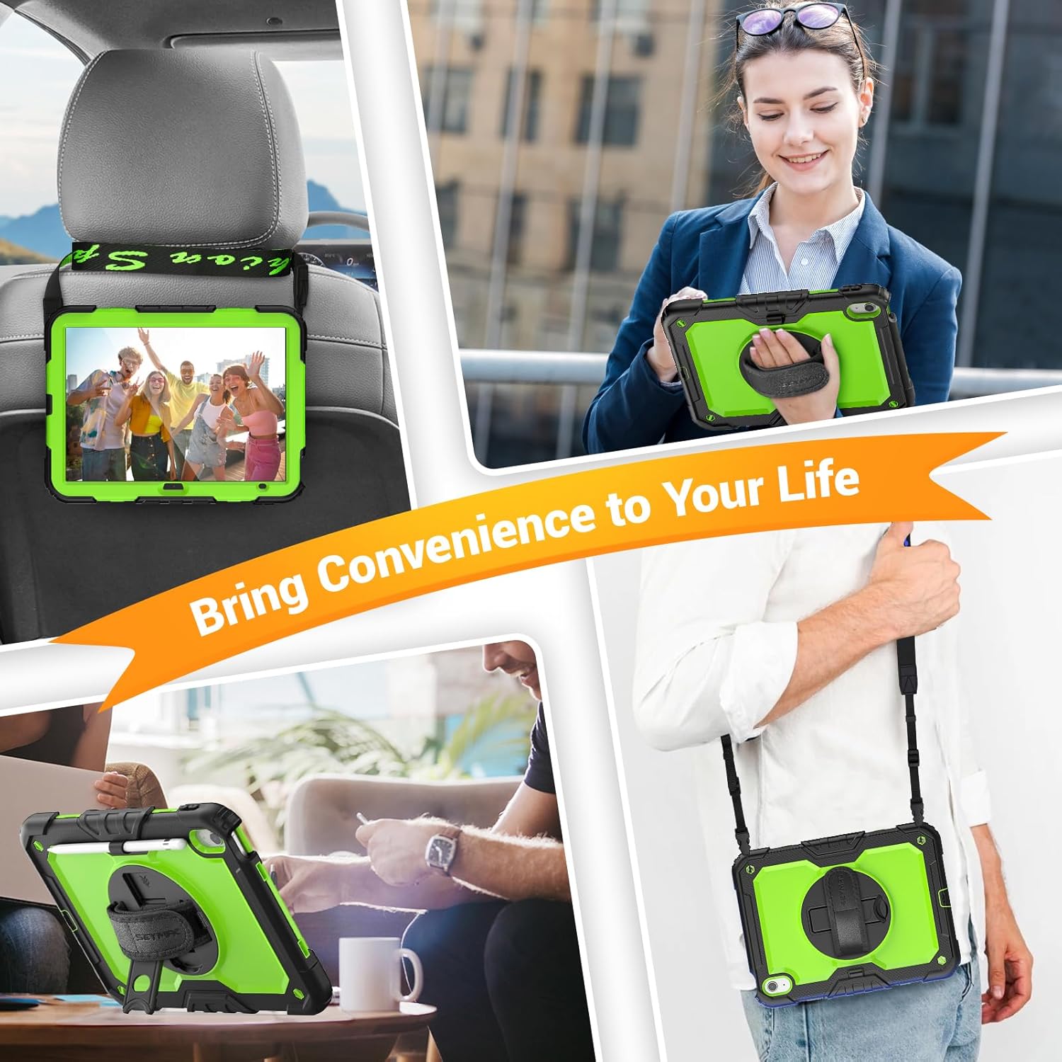 SEYMAC Case for iPad (A16) 11th/10th Generation 2025/2022 (11″/10.9″), Sturdy Heavy Duty Full-Body Shockproof Protective Case with Screen Protector, Rotating Stand, Hand/Shoulder Strap, Black/Green