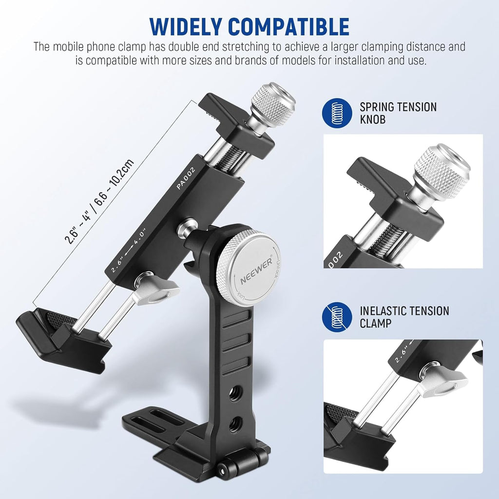 NEEWER Smartphone Tripod Mount Aluminum Alloy, 360° Rotatable Phone Stand Holder Clamp with Cold Shoe and Arca Base Compatible with iPhone 15 Pro Max Galaxy S24 Ultra Pixel & 2.6"-4" Wide Smartphones