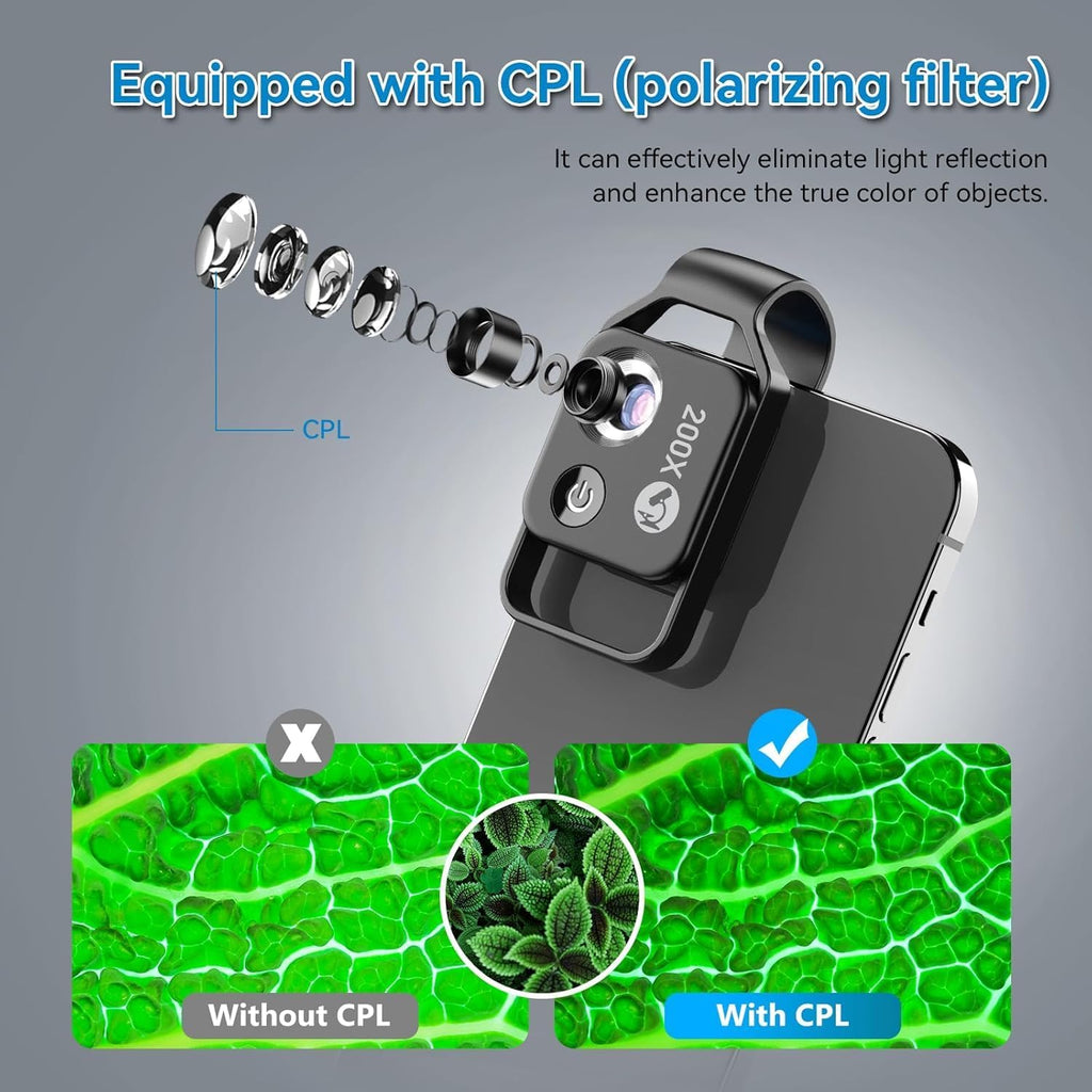 APEXEL 200X Phone Microscope Lens, Nano Zoom Phone Micro Lens for iPhone Android with LED Light CPL Universal Clip, Nanozoom Mini Pocket Digital Microscope, Portable Smartphone Macro Lens Camera