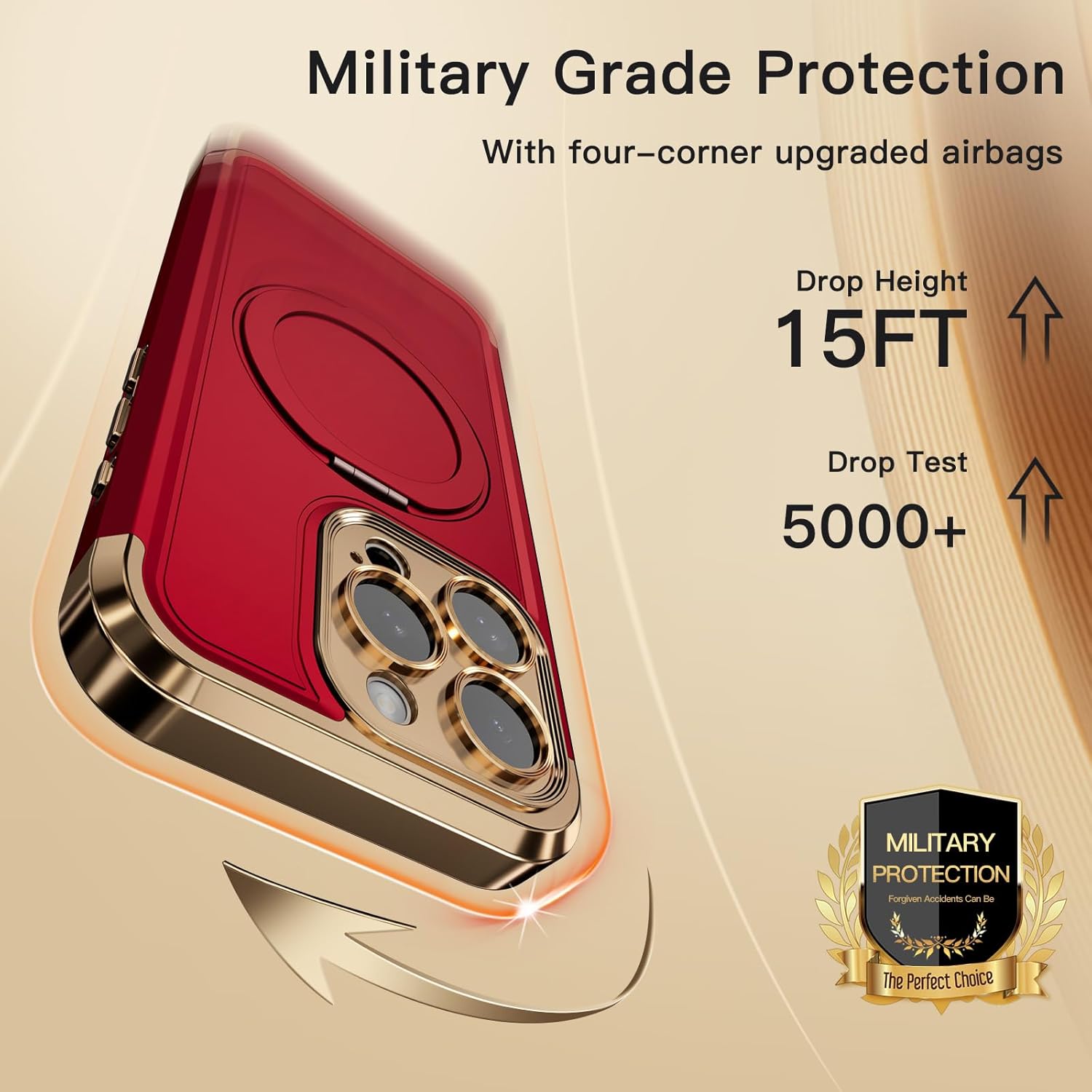 COOLQO for iPhone 15 Pro Max Case 6.7'' Upgraded 360° Spin Magnetic Stand [Compatible with Magsafe][Military Protection] Shockproof Protective Phone Holder Cover for iPhone 15 Pro Max, Red Gold