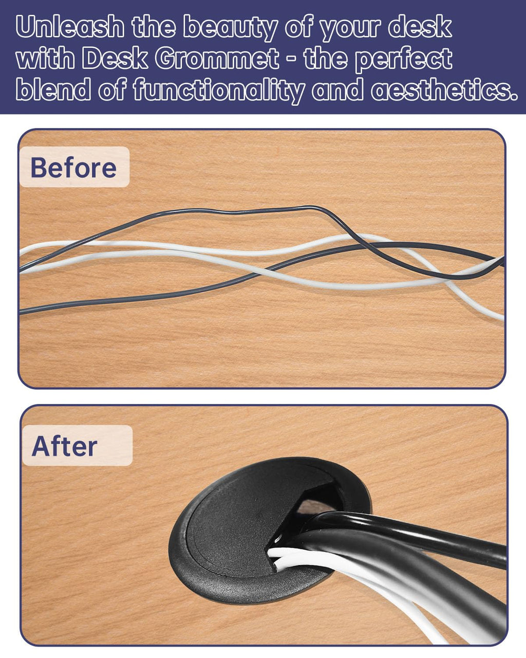 Desk Grommet & Cable Grommet 2 Inch (10 Pack) - Black Desk Hole Cover with Hole Saw - Cable Management Kit for Office, TV Stand, Workstation - Hide Wires Behind Wall, Cable Pass Through (50mm)