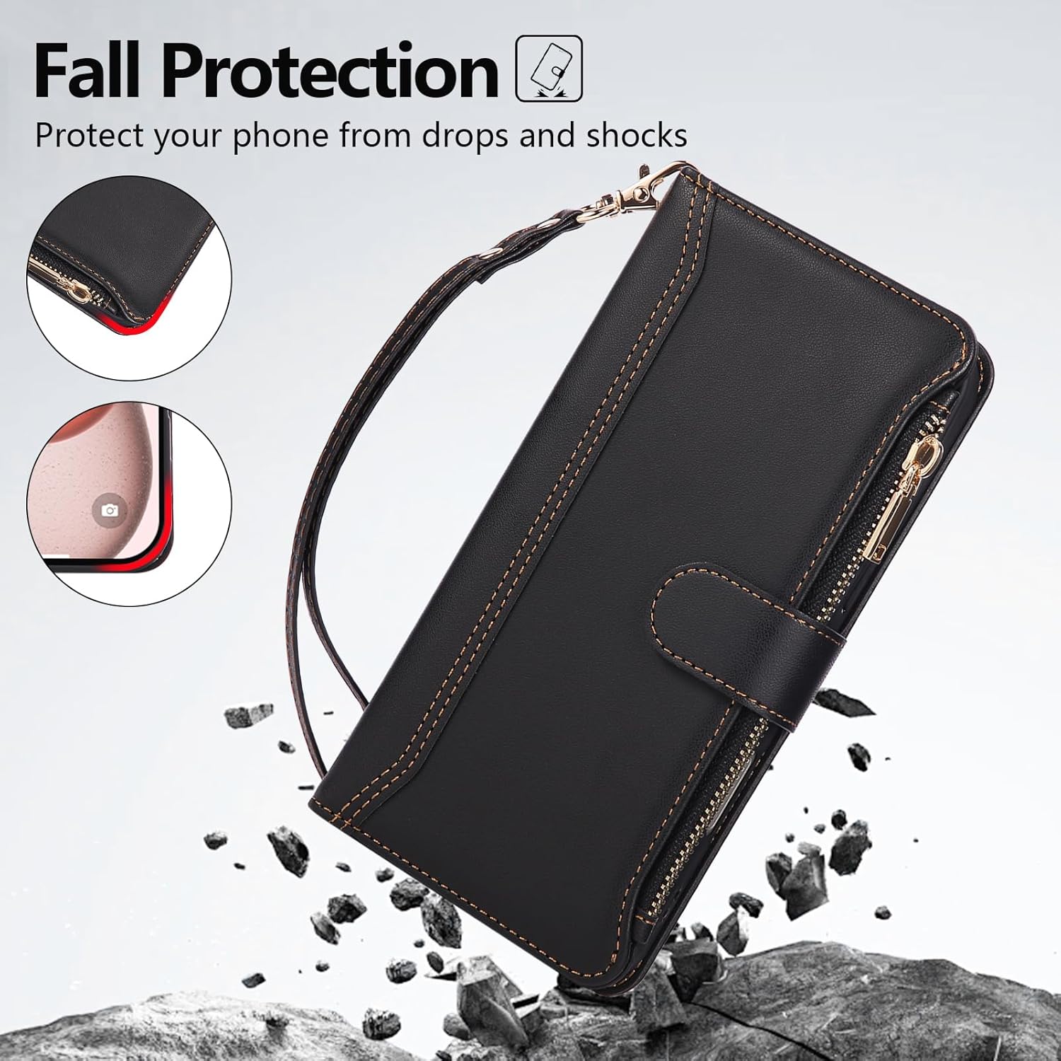 Compatible with iPhone 16 Pro Wallet Phone Case-PU Leather Magnetic Flip Cover with Credit Card Slots,Zipper Pocket & Detachable Wrist Strap,Shockproof Design,for Women and Men-Black