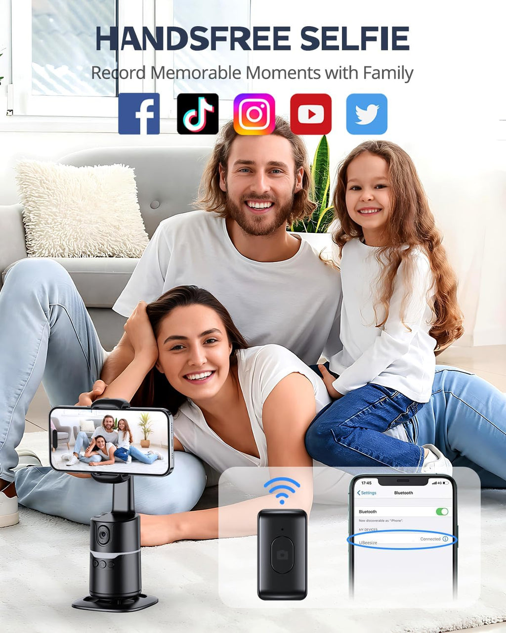 UBeesize Auto Face Tracking Tripod with Adjustable Desk Tripod, 360° Rotating vlogging kit for iPhone with Remote & Gesture Control, Rechargeable Selfie Fill Light, No App Required