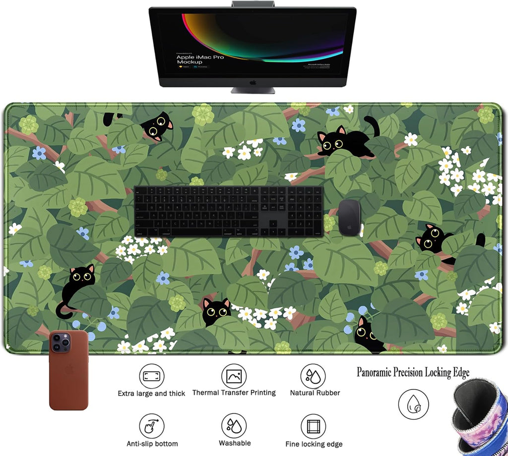 Kawaii Anime Aesthetic Black Cat Forest Plant Desk Mat, Green Sage XXL Large Extended Mouse Pad Gaming Cute Cats Desk pad, Laptop Keyboard and Mouse Mat for Women Desktop Office Decor 31.5x15.7 in
