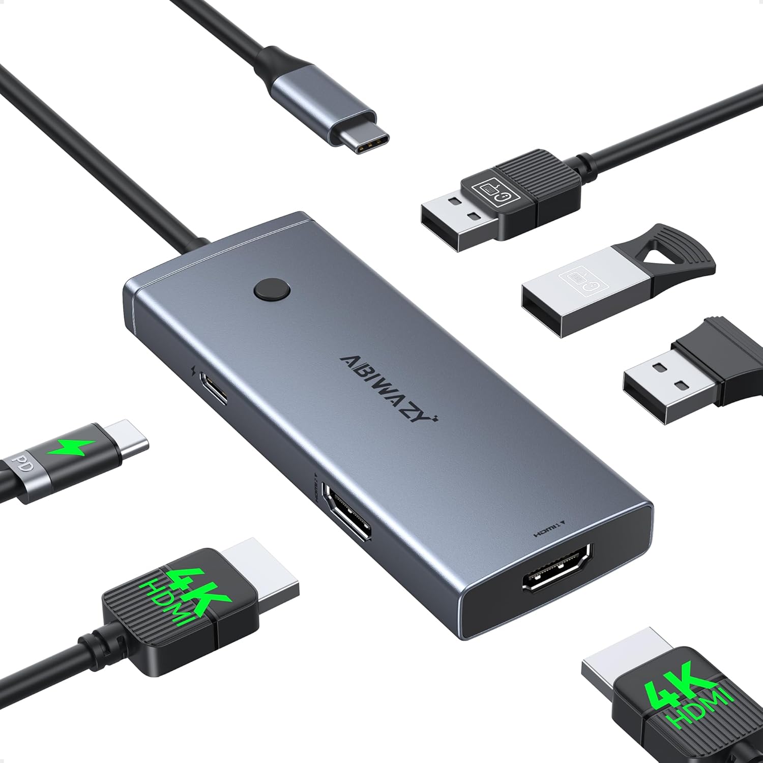 Docking Station USB C to Dual HDMI Adapter, USBC Hub Dual hdmi Monitors with 2HDMI Ports 4K@60Hz,100W PD Charging,3 USB-A,Switch Button, Laptop Docking Station for Dell XPS/HP/Lenovo/Surface etc