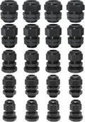 20 Pcs Nylon Cable Gland Kit, IP68 Waterproof Adjustable Cord Grip Cable Connector Strain Relief Wire Protectors, 1/4" 3/8" 1/2" 3/4" 1", Black