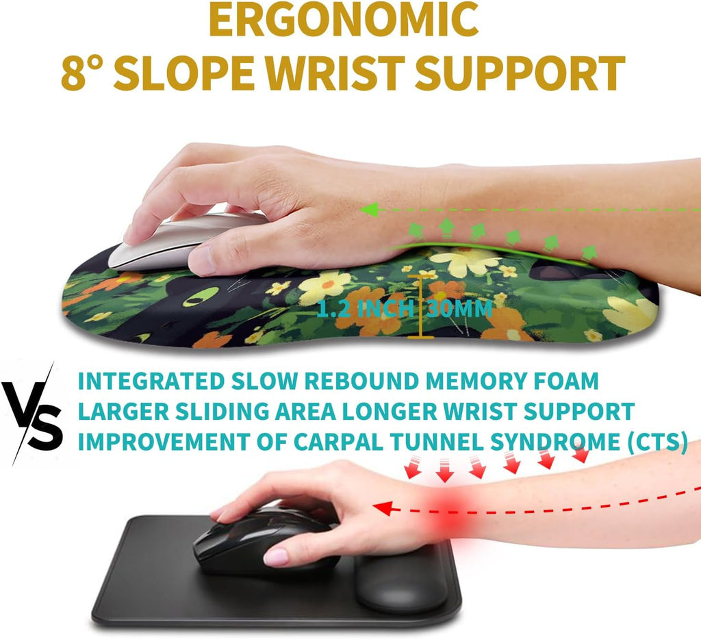 Hokafenle Ergonomic Mouse Pad Wrist Support, Wrist Rest Mousepad for Carpal Tunnel Pain Relief with Integrated Memory Foam Slope Massage Bulge (11.8x7.9 inch,Cute Cat