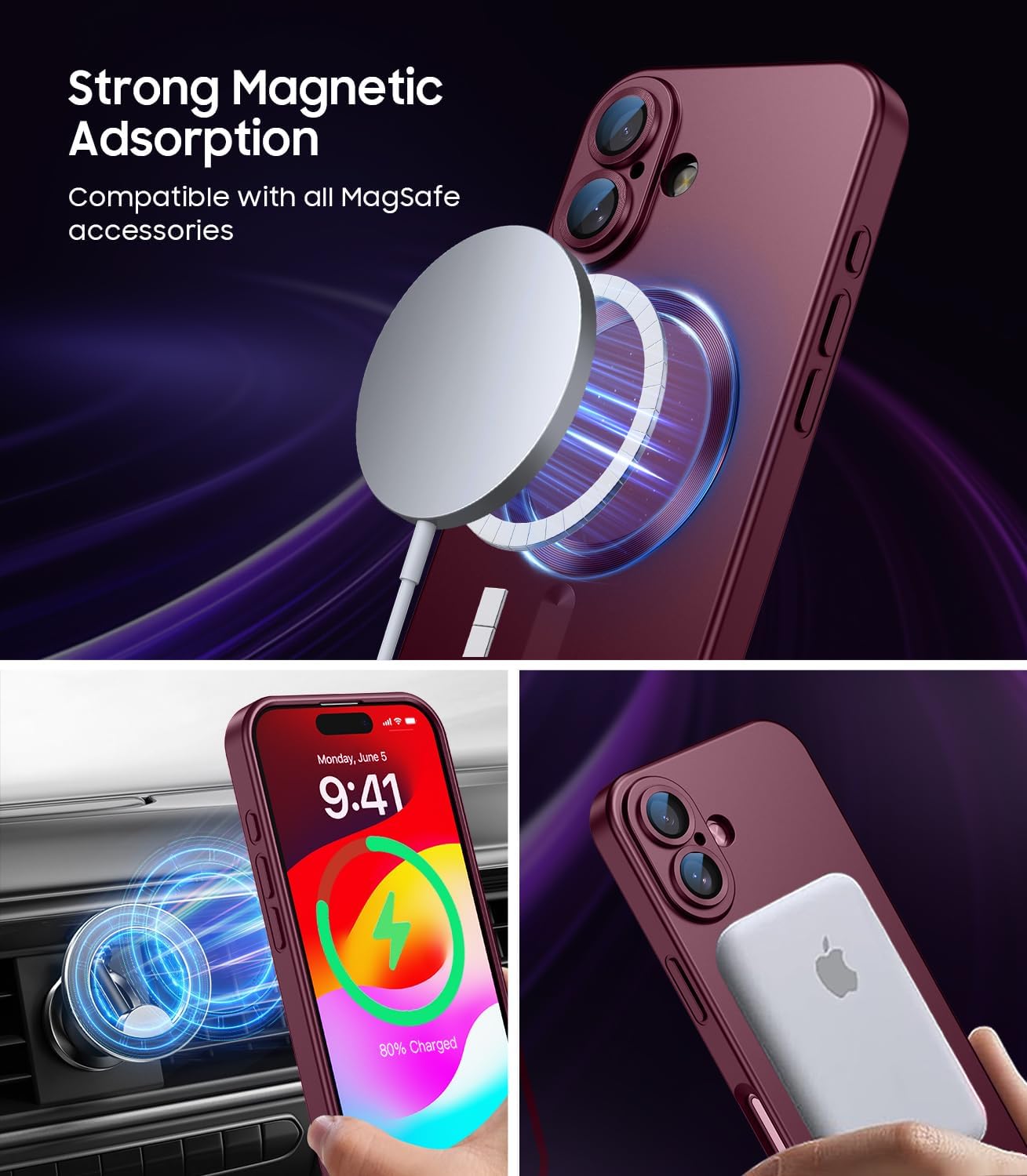 Magnetic for iPhone 16 Plus Case [Compatible with MagSafe][Built-in Camera Lens Protector] Slim Soft Silicone Bumper Shockproof Metallic Luster Phone Case (Burgundy)