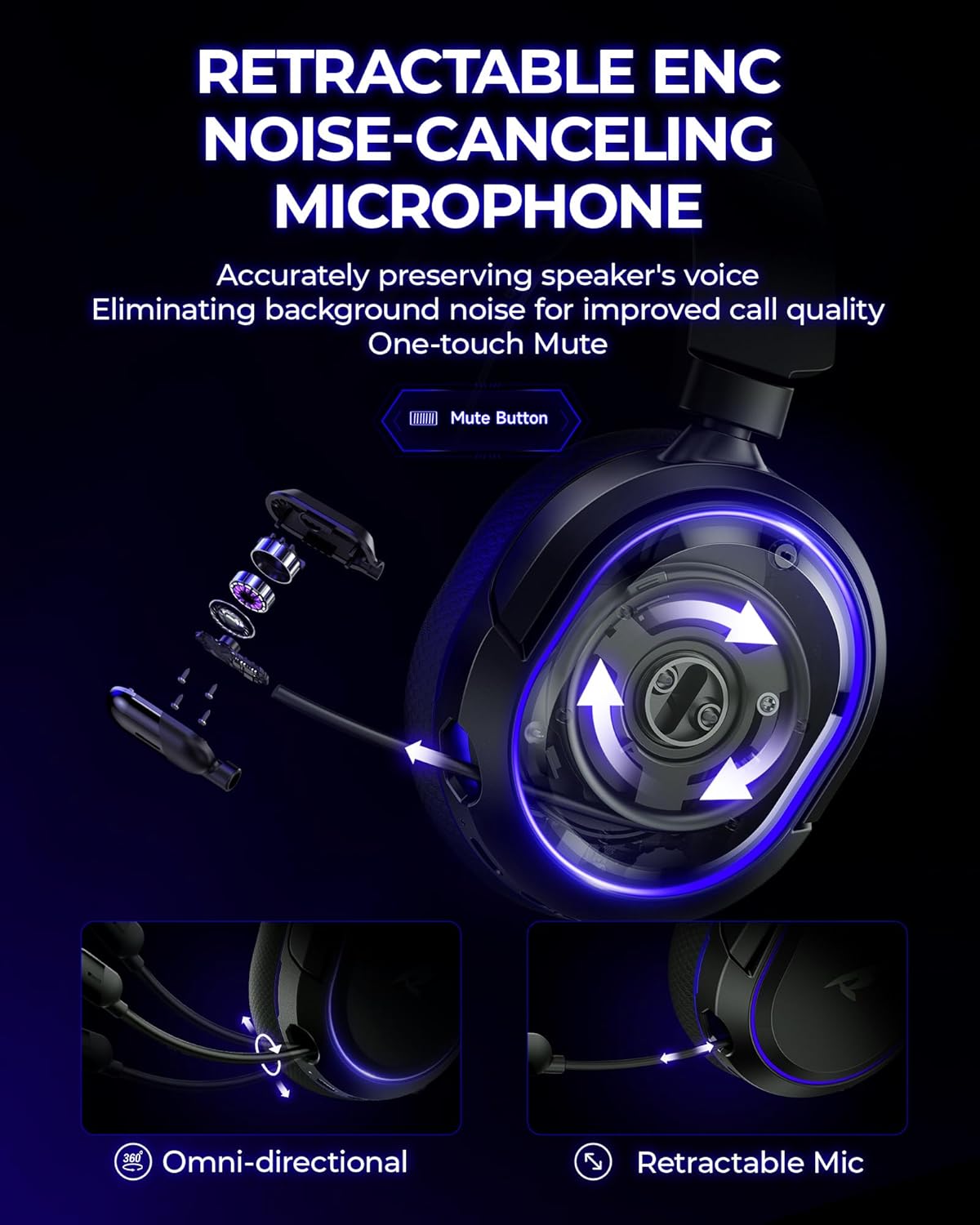 Wireless Gaming Headset, 7.1 Surround Sound, 2.4GHz USB Gaming Headphones with Bluetooth 5.4, 100H Battery, ENC Noise Canceling Mic, RGB Light, Wireless Headset for PC PS5 PS4 Mac Switch (Black-Blue)