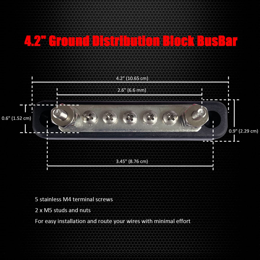2 x #10 (M5) Studs Power Distribution Block with 5 x #8 (M4) Screws, Ampper 4.2" Bus Bar 12V Power Distribution Terminal Block Battery Busbar for Car Audio Solar (Black)