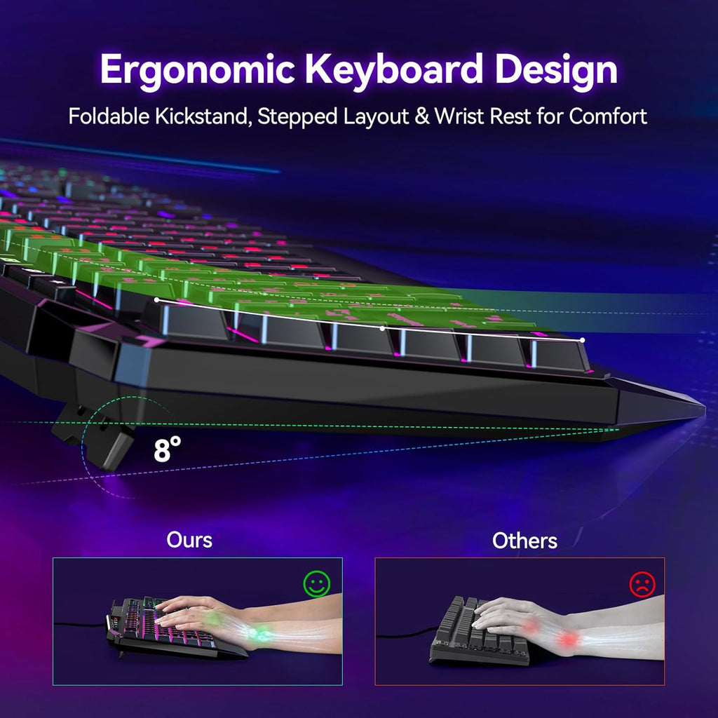 TECKNET Wired RGB Gaming Keyboard - 26-Key Anti-Ghosting, 13 Lighting Modes, Spill-Resistant, 108 Membrane Keys, Plug & Play - with Ergonomic Wrist Rest & Phone Holder for Windows/Mac (Black)
