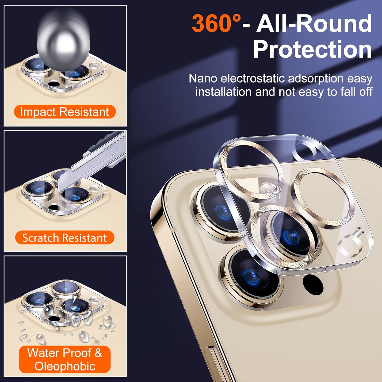 UniqueMe [3 Pack] Camera Lens Protector Compatible with iPhone 13 Pro 6.1" / 13 Pro Max 6.7" Tempered Glass,[Case Friendly][New version][Scratch-Resistant][Easy Installation] -Gold
