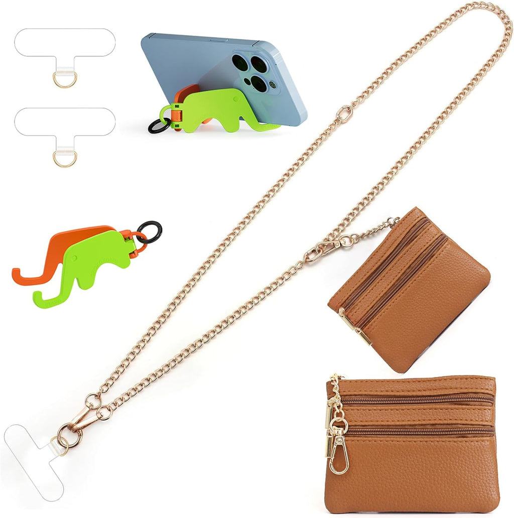 Clip and Go Strap for Phone Gold Metal Chain with Brown Purse Wallet Crossbody Phone Lanyard for Women with Cell Phone Stand Holder 2 Patches Tether Adjustable Anti Theft for iPhone 16 15 All Phones