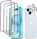 ESR 3+2 Pack for iPhone 15 Plus Screen Protector, 3 Black Edge Tempered-Glass Film and 2 Set Camera Lens Protector, 2.5D Curved Edges, Full-Coverage Military-Grade Protection, Scratch Resistant