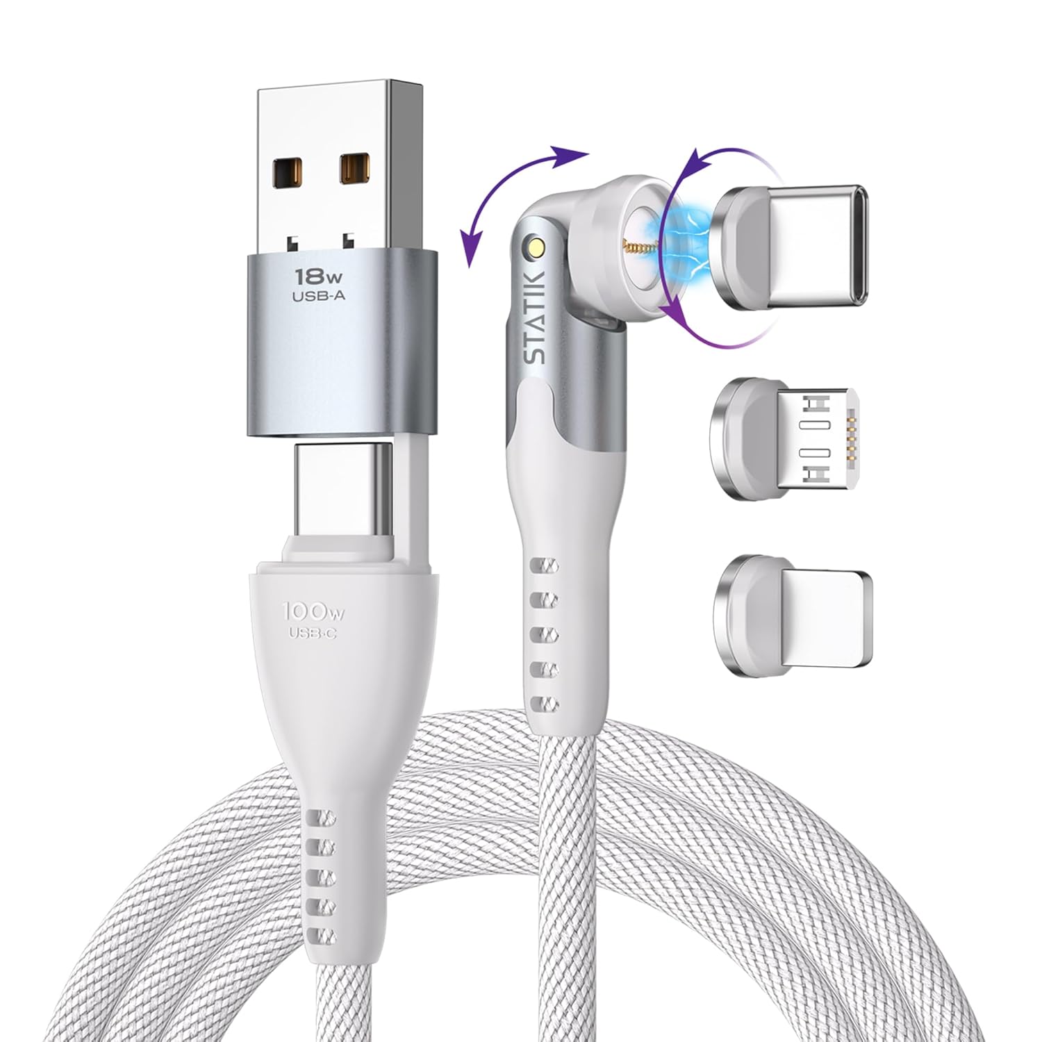 Statik 360 Pro Magnetic Charging Cable - Type C Charger Fast Charging 3 in 1 USB C to USB C Cable, Micro USB & iProduct Tips, USB A Adapter, Compatible w/All Devices - 100W Fast Charger, White 6FT/2M