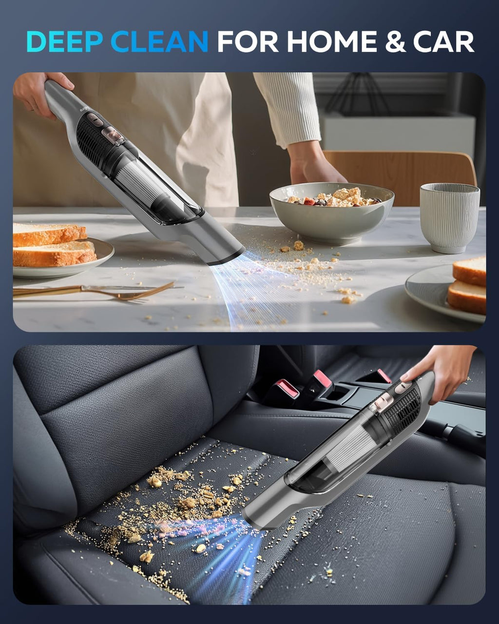 Zefiro Handheld Car Vacuum Cleaner, 22KPa Hand Held Vacuum Cordless Rechargeable with 2 HEPA Filters, 2 High Powerful Suction, 2 Nozzles, Portable Mini Dustbuster for Car, Home, Office, Pet Hair, S10