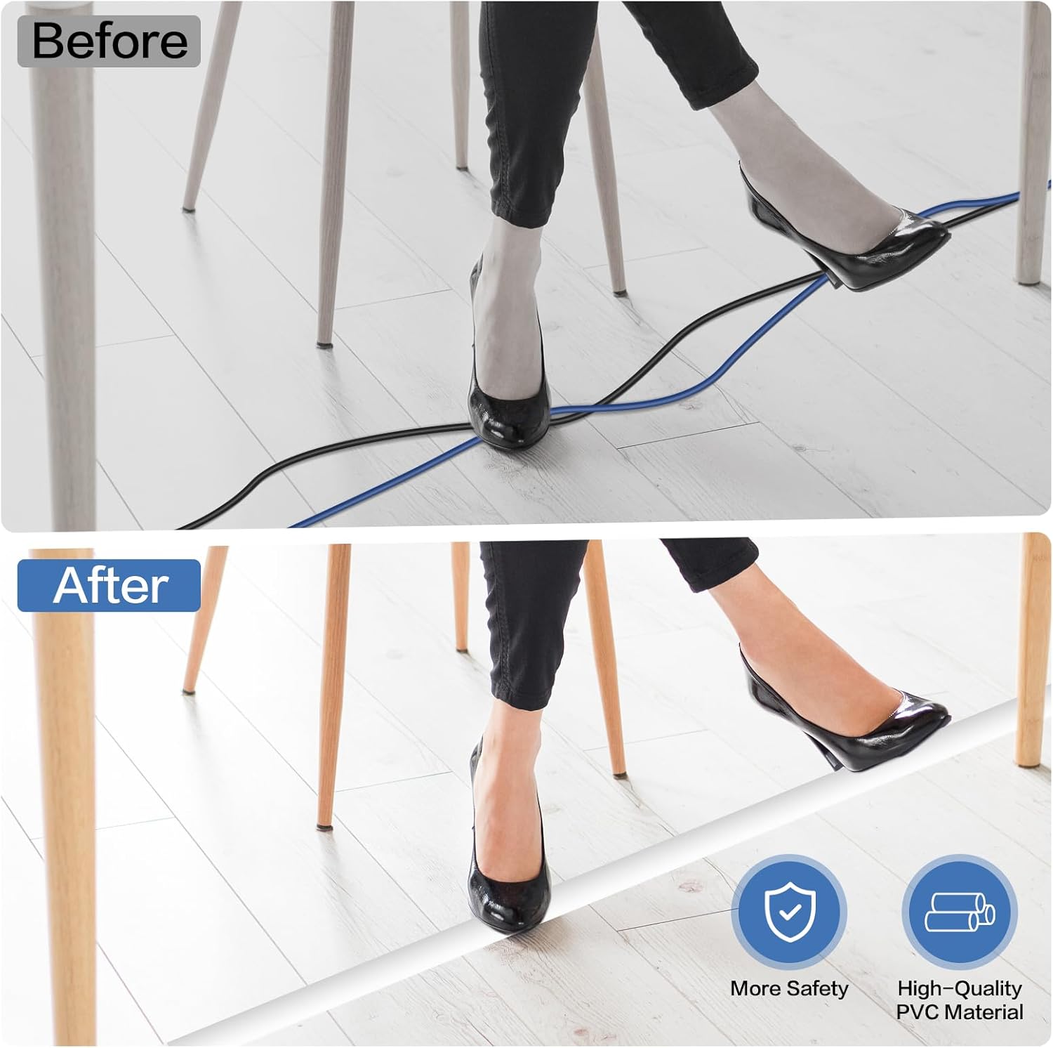 Floor Cord Cover Self Adhesive Cord Hider Floor Extension Cord Covers for Floor Power Cord Protector Cable Management Prevent Cable Trips Cable Cavity 0.32" W x 0.32" H (White, 20Ft)