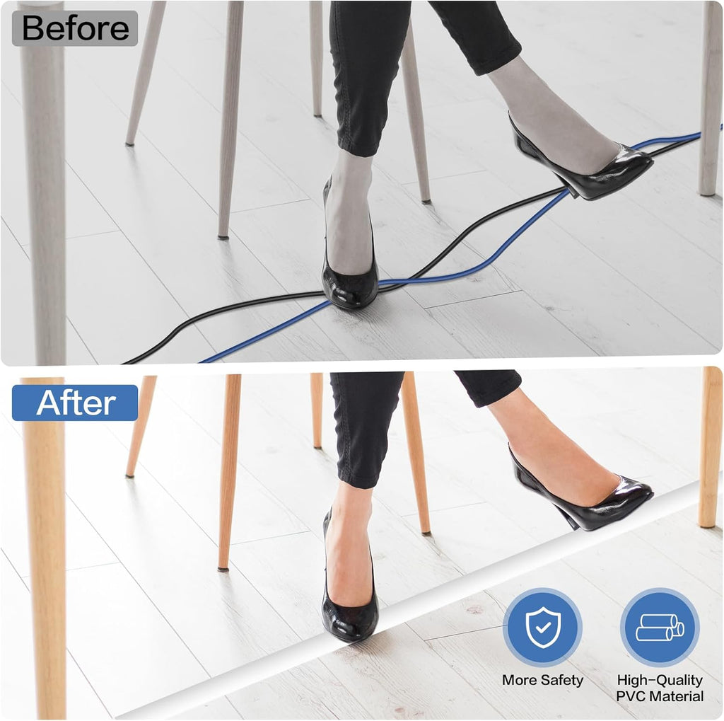 Floor Cord Cover Self Adhesive Cord Hider Floor Extension Cord Covers for Floor Power Cord Protector Cable Management Prevent Cable Trips Cable Cavity 0.51" W x 0.31" H (White, 10Ft)