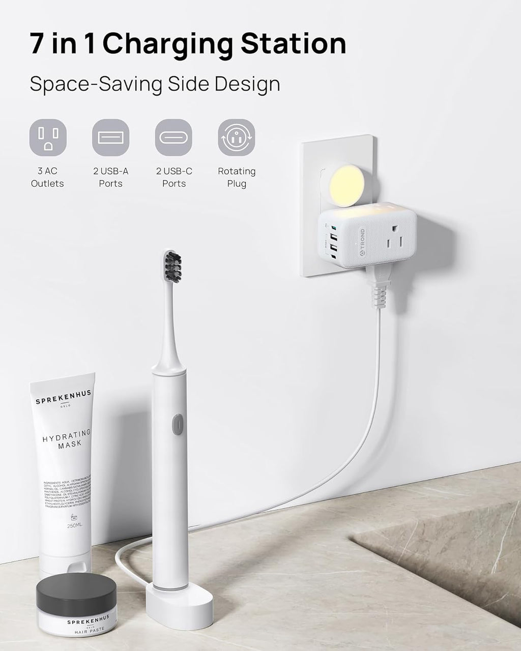 TROND Outlet Extender with 360 Rotating Plug, 3 AC Outlet Splitter with PD 20W USB C Charger, USB Wall Plug Adapter, A Small Charging Station for Kitchen Bathroom Cruise Ship Travel Essentials