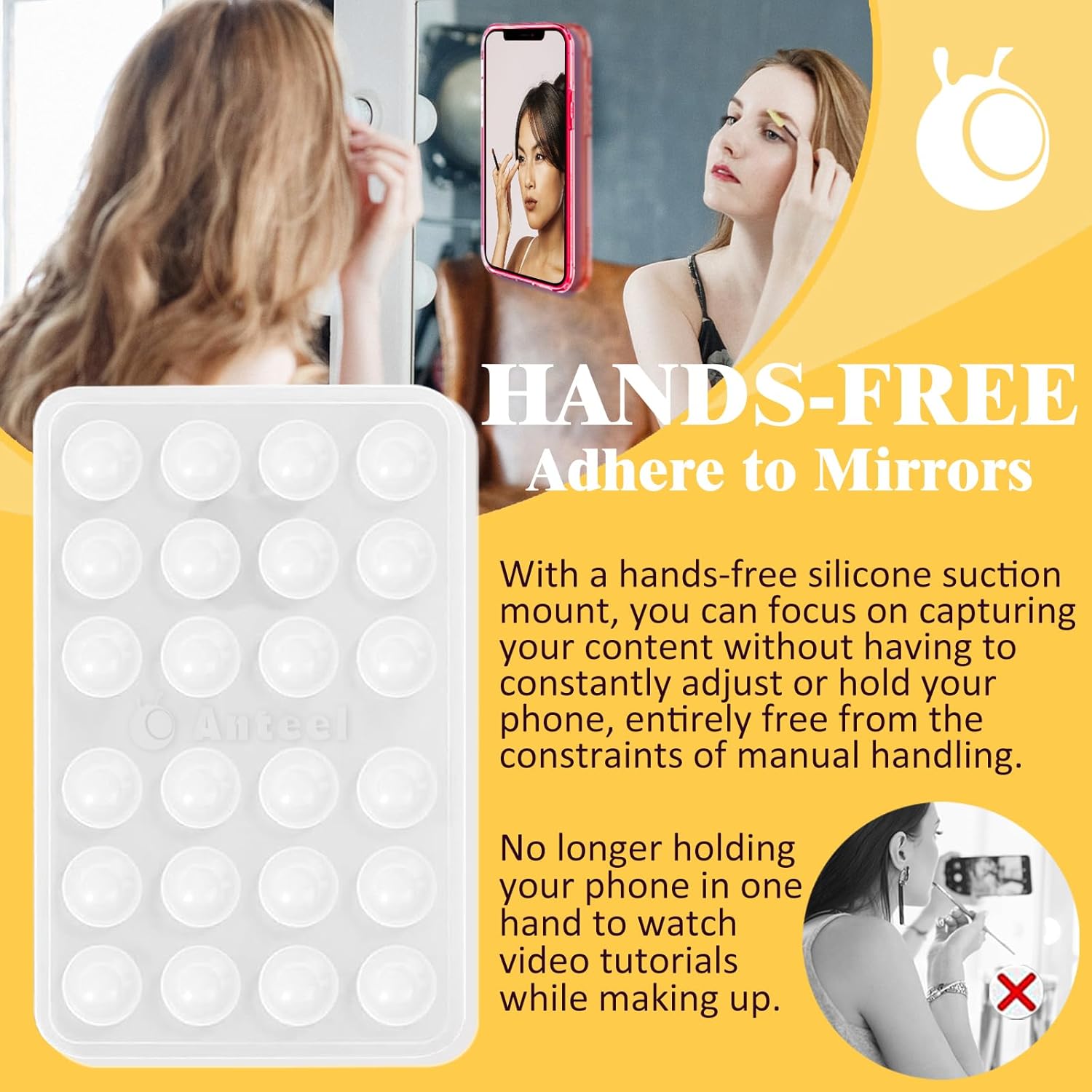 Anteel Medium-Sized Silicone Suction Phone Case Adhesive Mount, Enhanced Suction Power and Upgraded Thickened Sticky Phone Grip, Durable, Hands-Free Sticky Phone Holder, 2.28"x3.46" (Translucent)