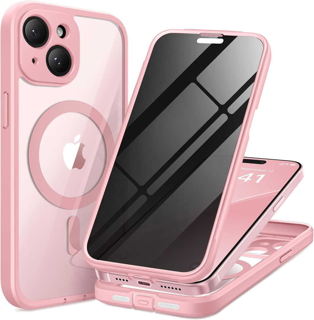 Magnetic for iPhone 15 Case, Compatible with MagSafe, Built-in Privacy Screen Protector and Camera Protection, Anti Spy Full Body Dustproof Shockproof Hard Phone Case 6.1", Pink